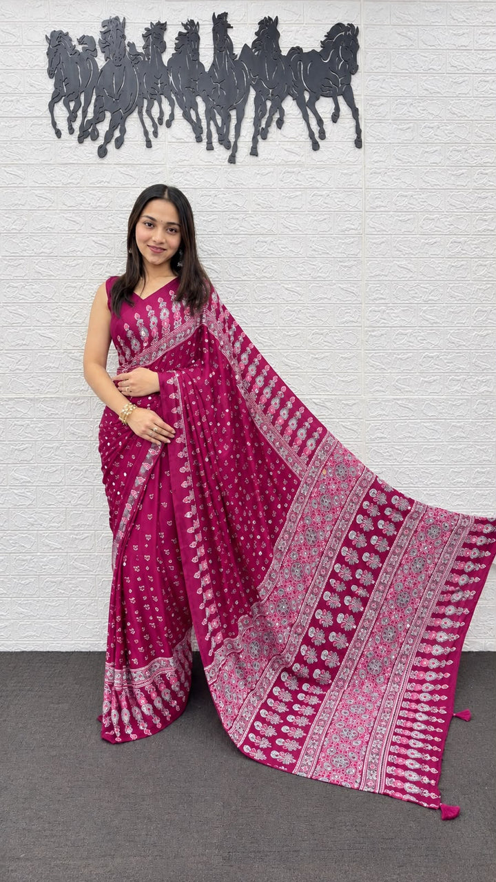 Rani Pink Bandhani And Paisley Printed Silk Saree
