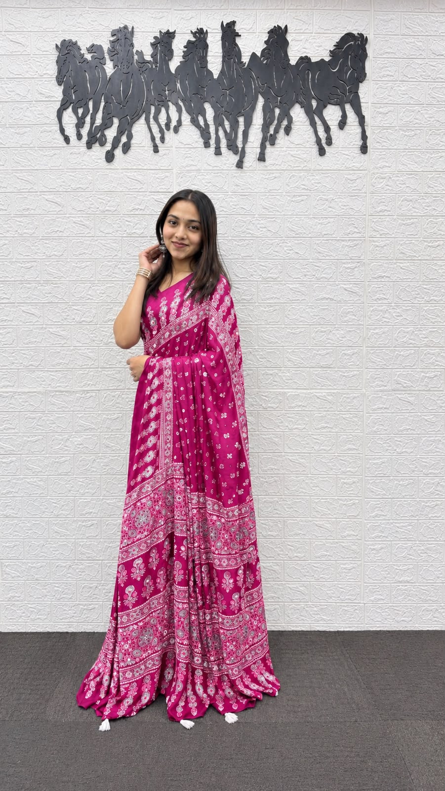 Rani Pink Bandhani And Paisley Printed Silk Saree