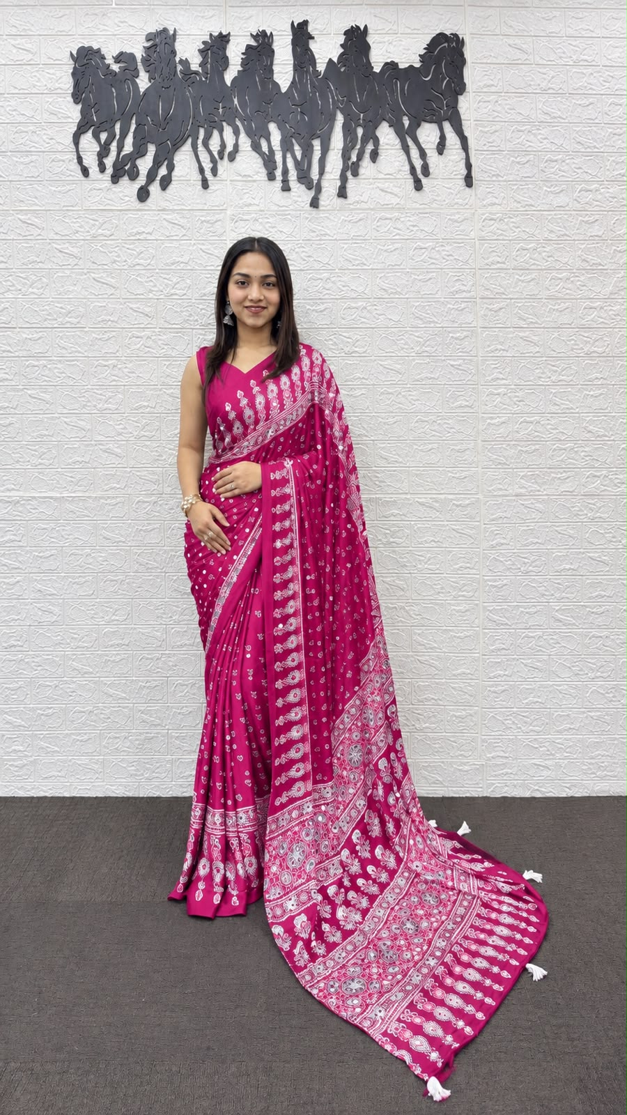 Rani Pink Bandhani And Paisley Printed Silk Saree