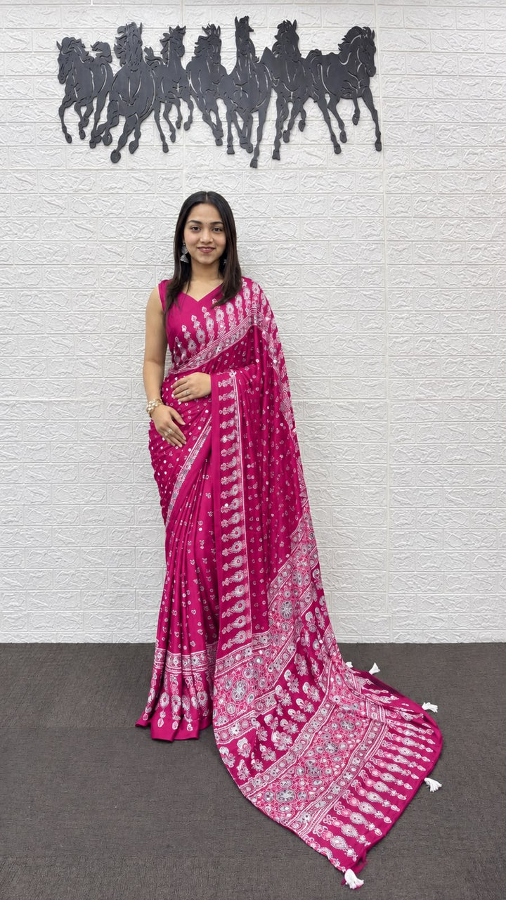 Rani Pink Bandhani And Paisley Printed Silk Saree