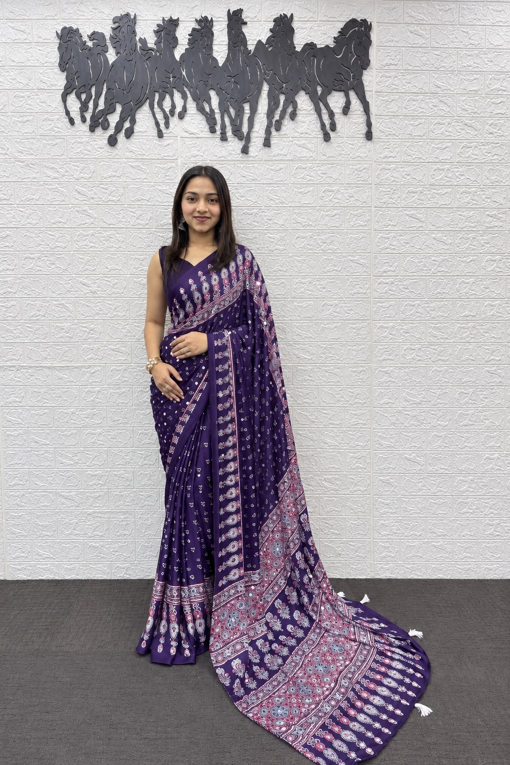 Royal Purple Bandhani And Paisley Printed Silk Saree