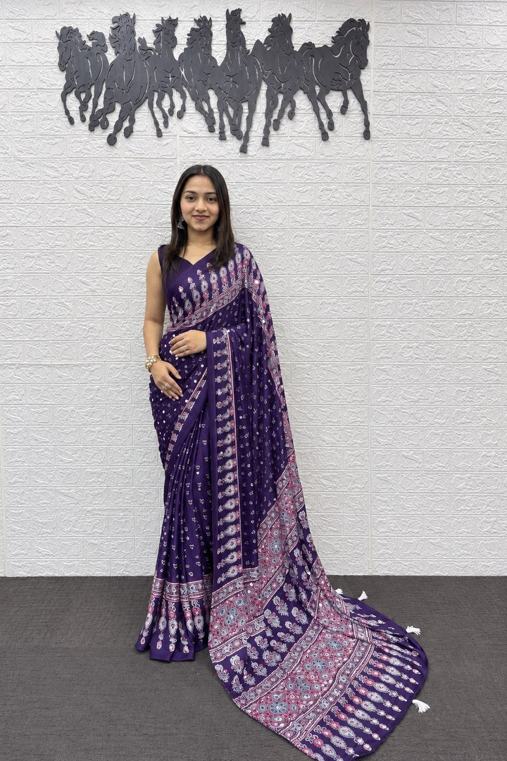 Royal Purple Bandhani And Paisley Printed Silk Saree