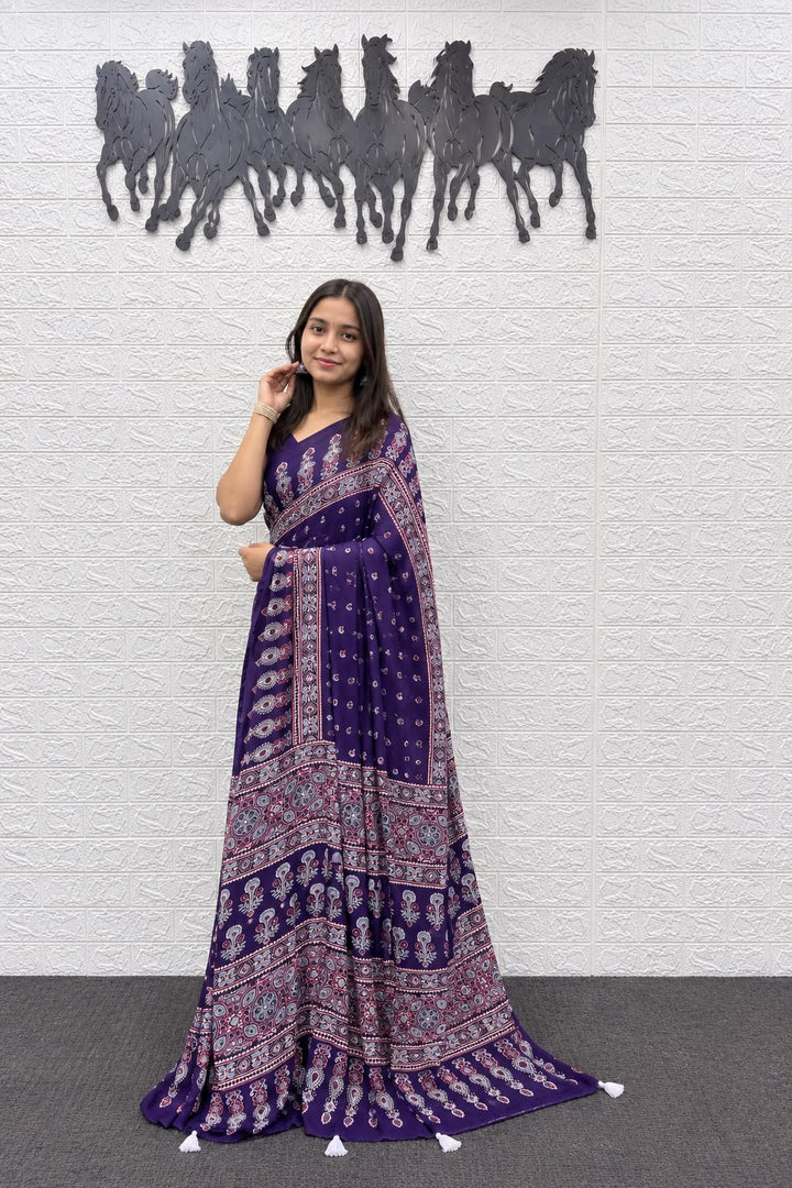 Royal Purple Bandhani And Paisley Printed Silk Saree