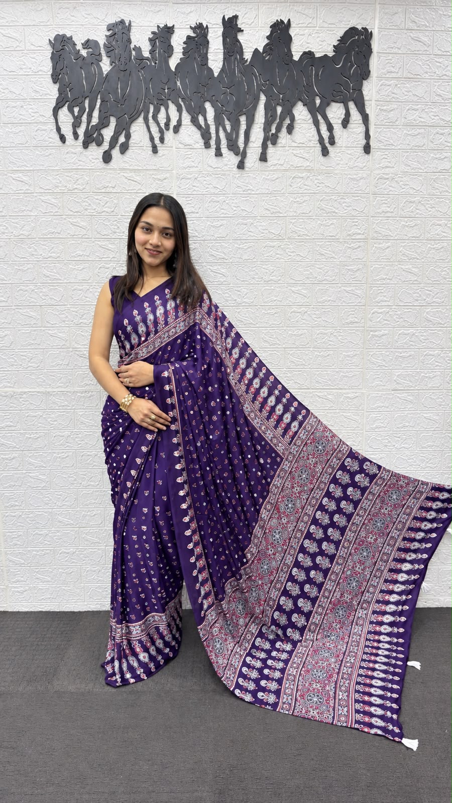 Royal Purple Bandhani And Paisley Printed Silk Saree