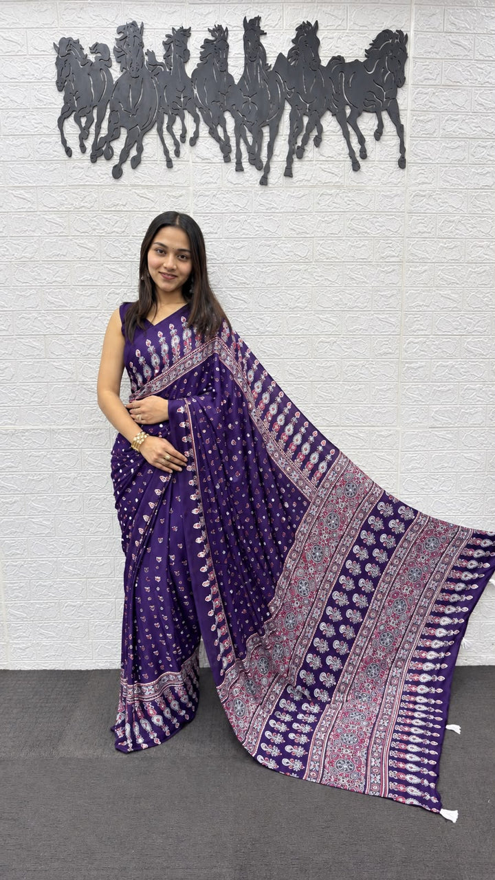 Royal Purple Bandhani And Paisley Printed Silk Saree