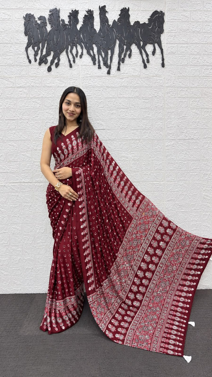 Crimson Red Bandhani And Paisley Printed Silk Saree