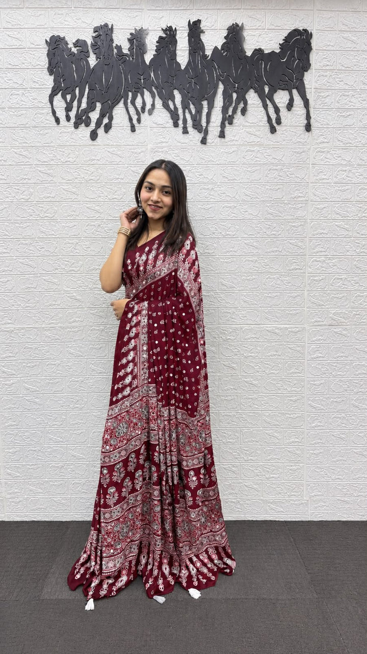 Crimson Red Bandhani And Paisley Printed Silk Saree