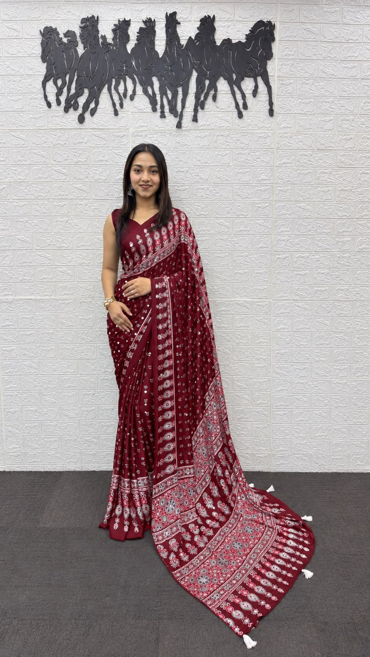 Crimson Red Bandhani And Paisley Printed Silk Saree