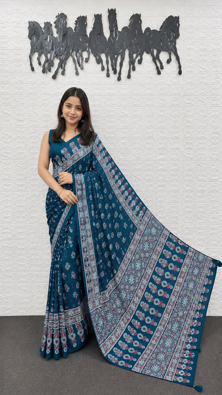 Teal Blue Bandhani And Paisley Printed Silk Saree