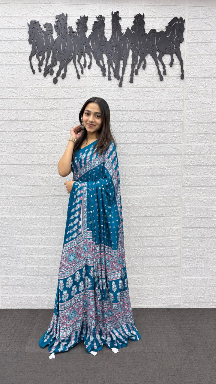 Teal Blue Bandhani And Paisley Printed Silk Saree