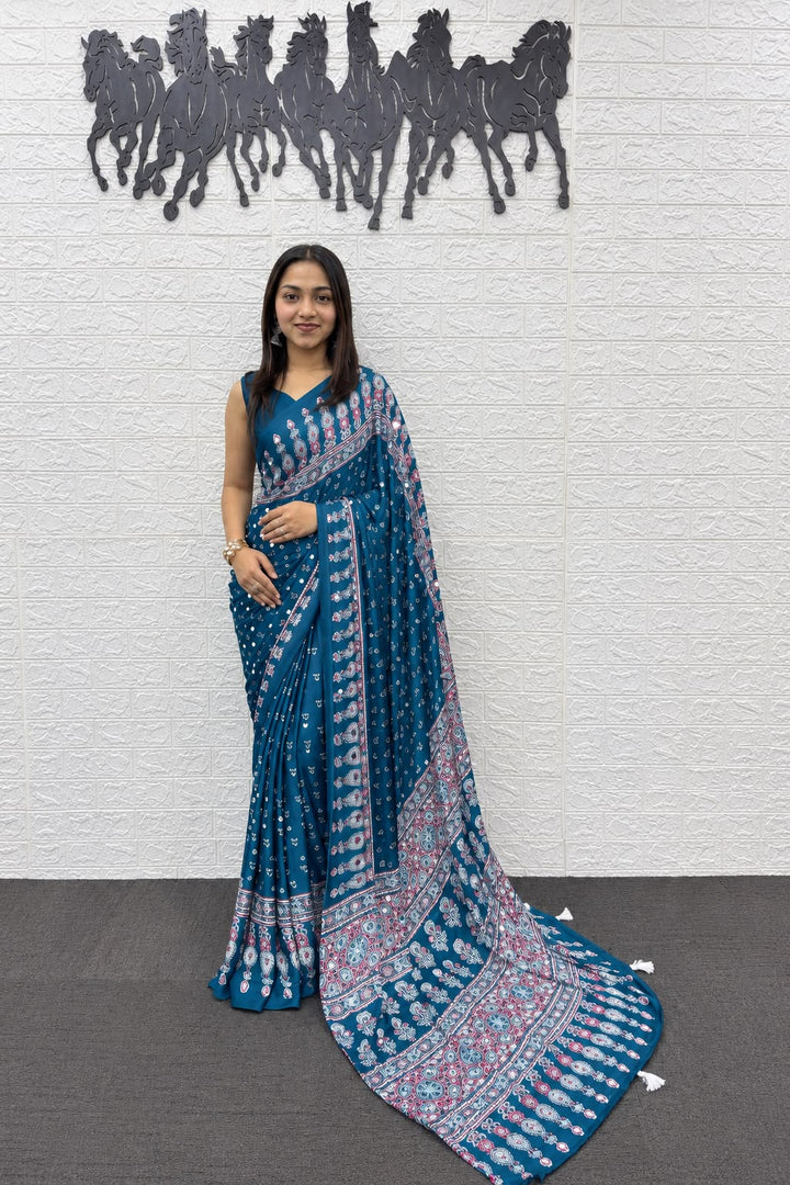Teal Blue Bandhani And Paisley Printed Silk Saree
