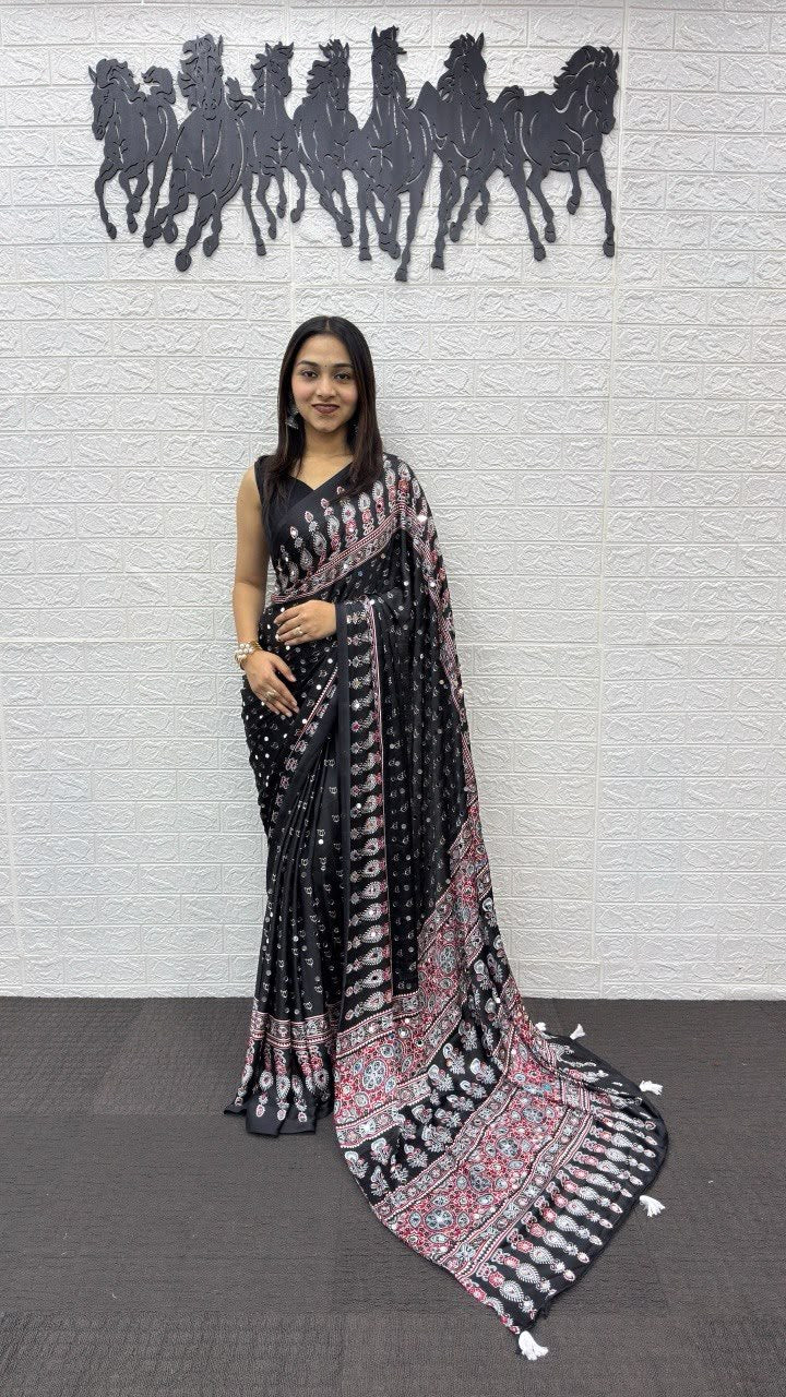 Jet Black Bandhani And Paisley Printed Silk Saree