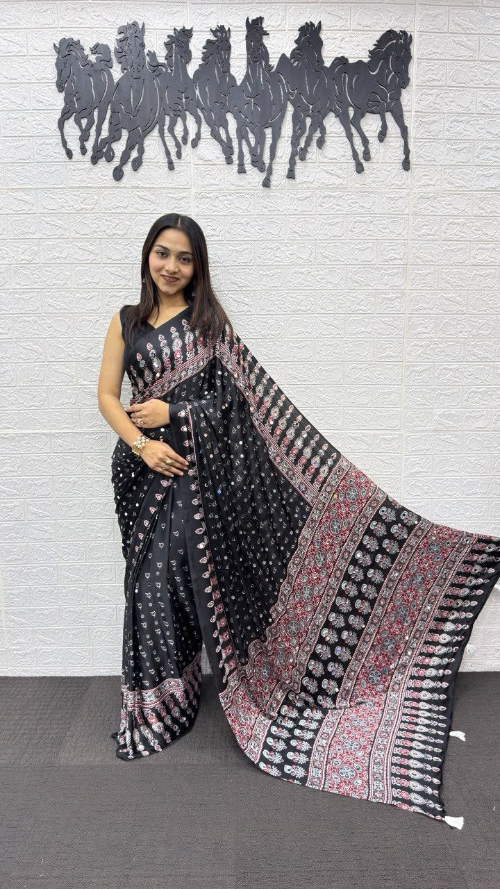 Jet Black Bandhani And Paisley Printed Silk Saree