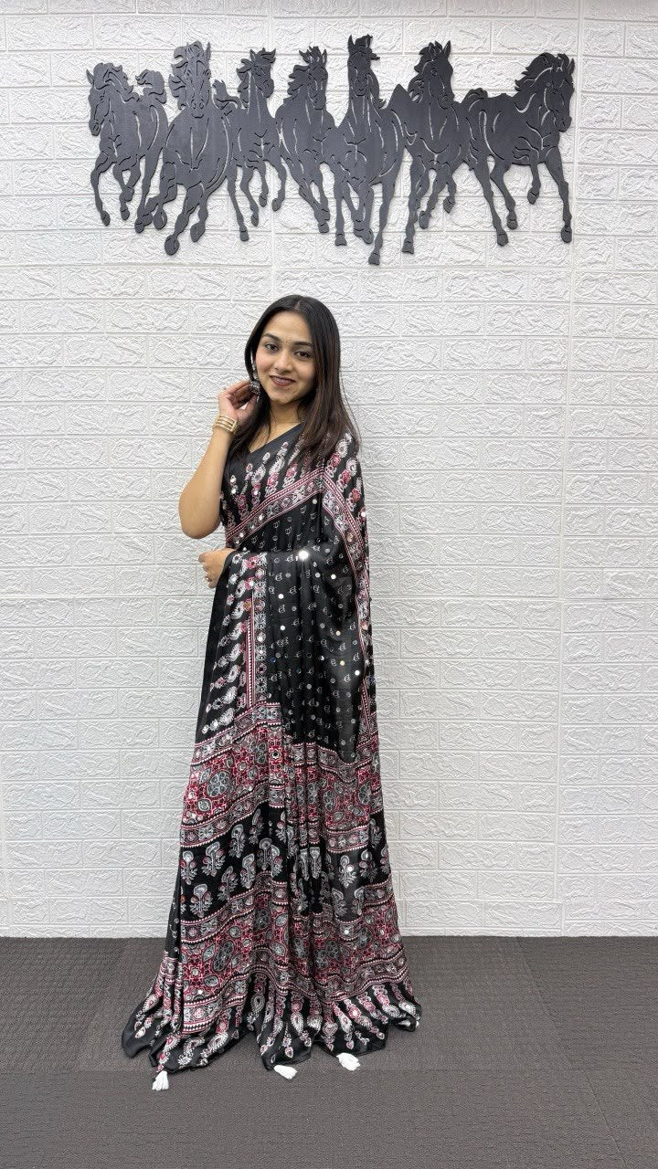 Jet Black Bandhani And Paisley Printed Silk Saree