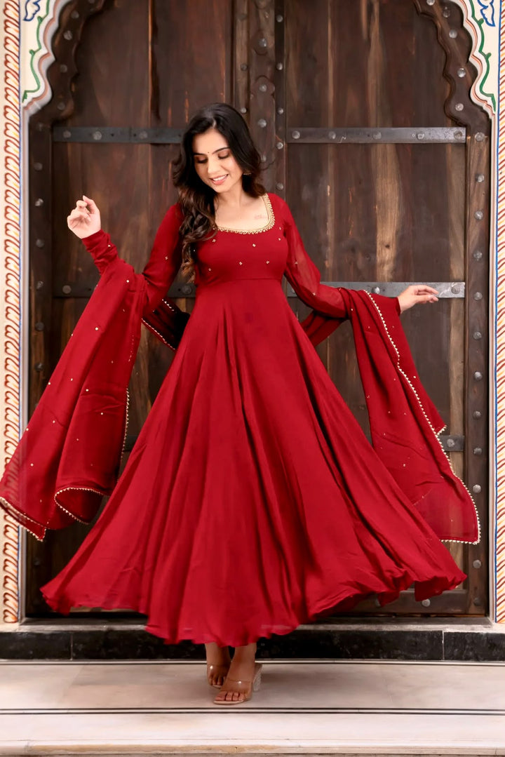 Designer Crimson Red Color Flared Georgette Gown