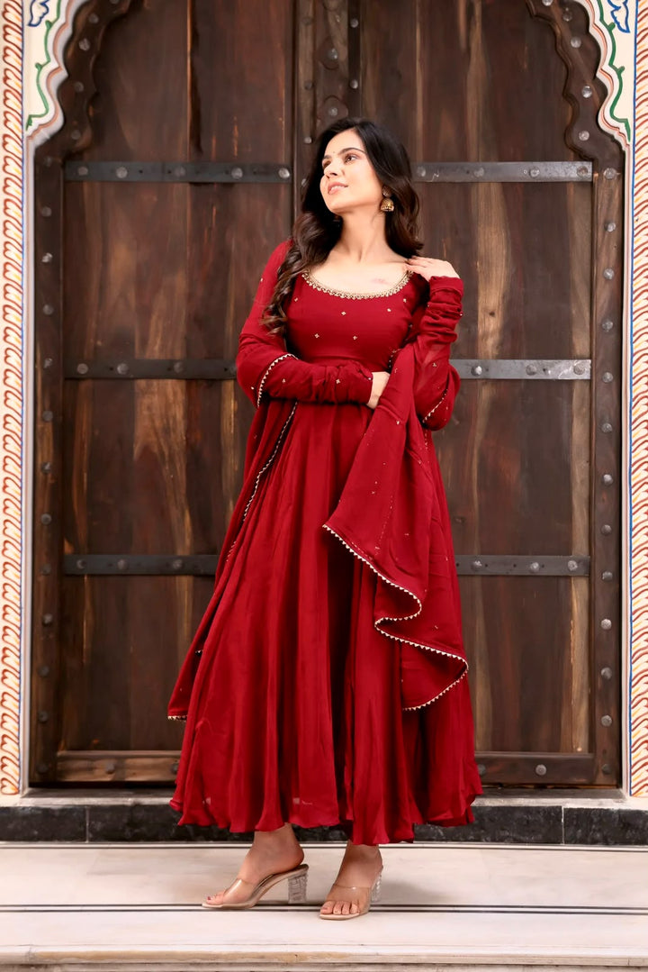 Designer Crimson Red Color Flared Georgette Gown