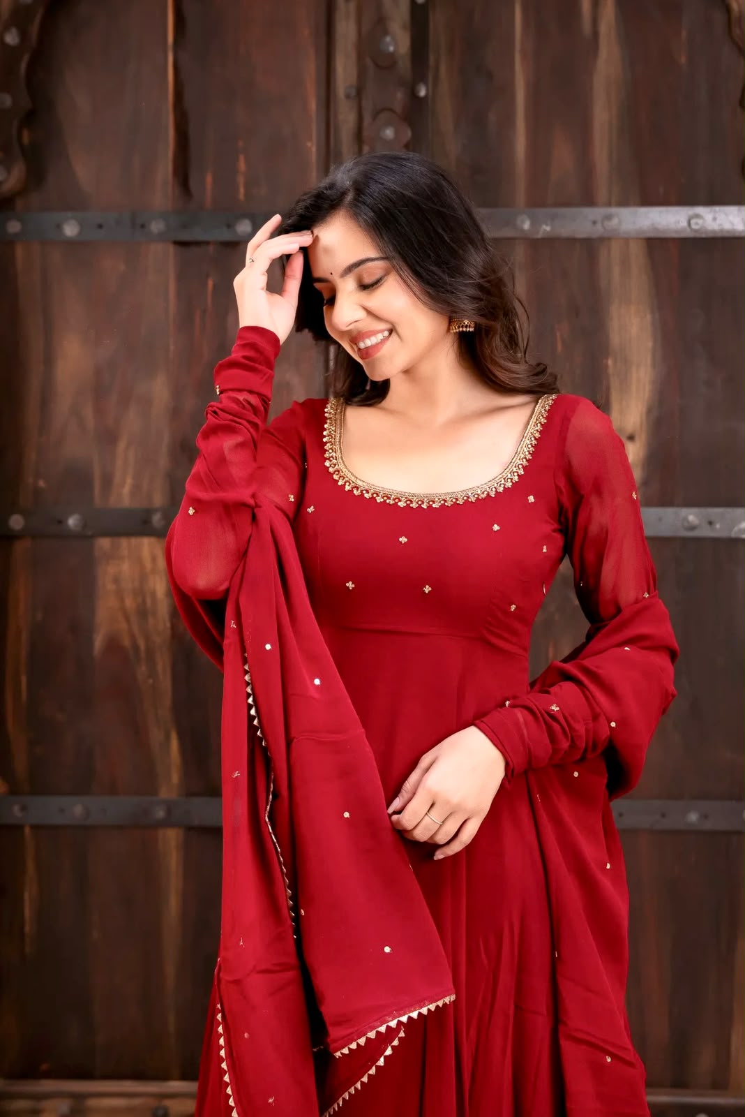 Designer Crimson Red Color Flared Georgette Gown