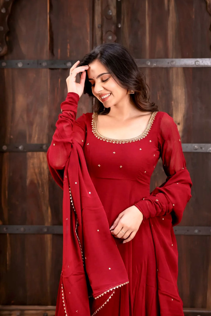 Designer Crimson Red Color Flared Georgette Gown
