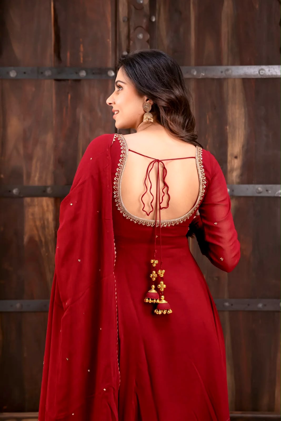 Designer Crimson Red Color Flared Georgette Gown