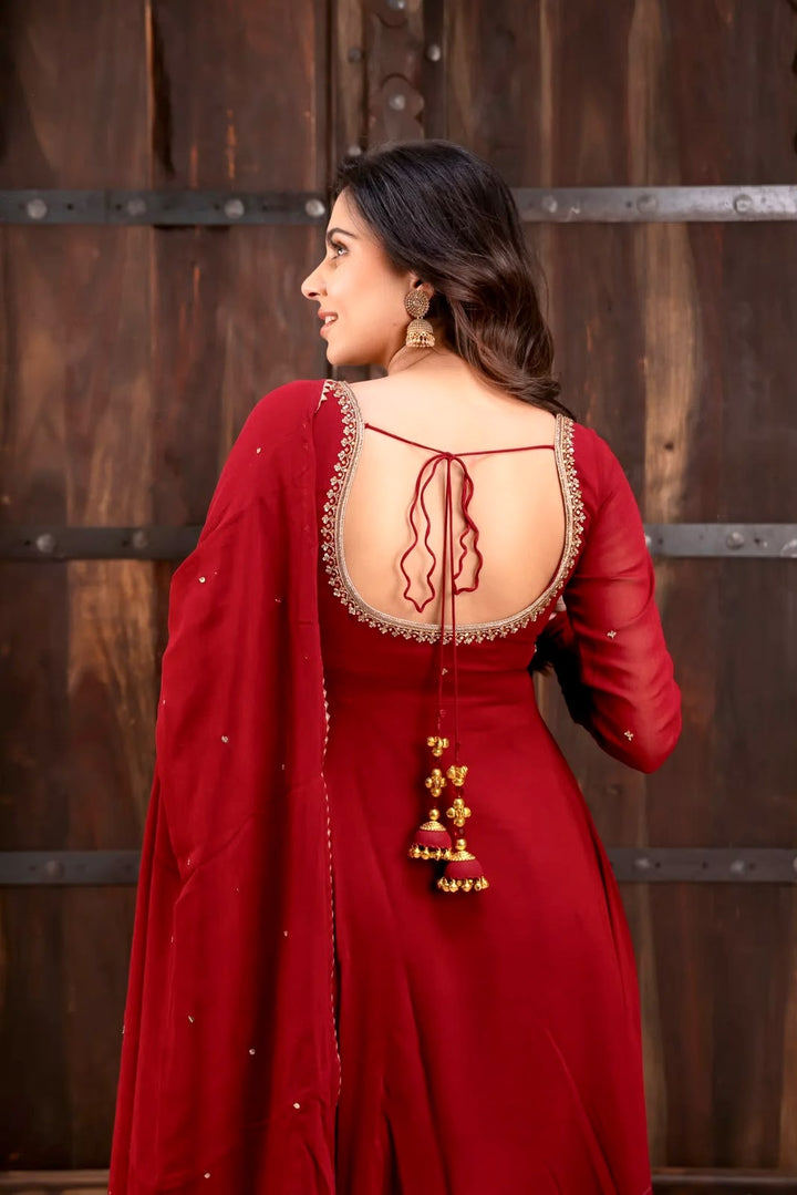 Designer Crimson Red Color Flared Georgette Gown