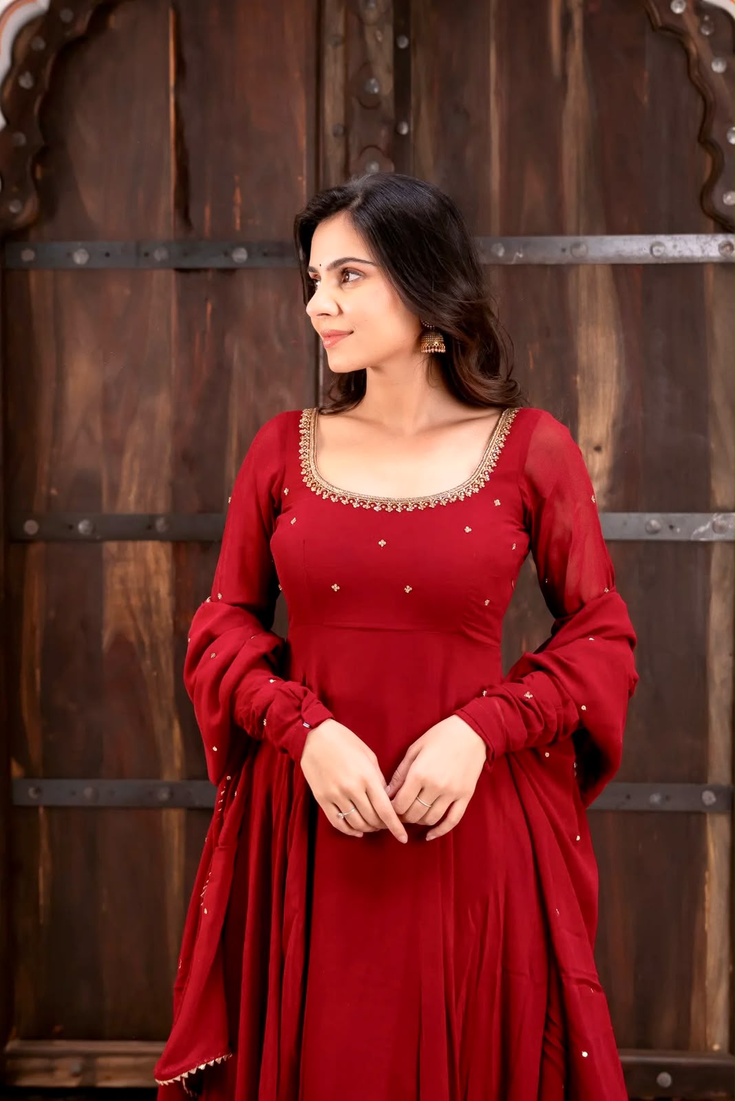 Designer Crimson Red Color Flared Georgette Gown