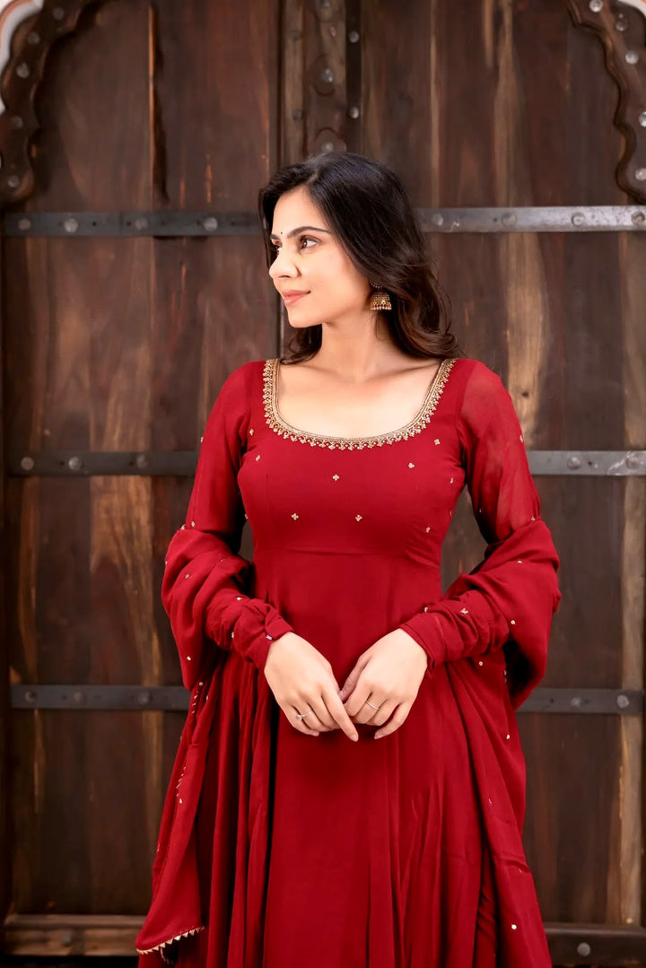Designer Crimson Red Color Flared Georgette Gown