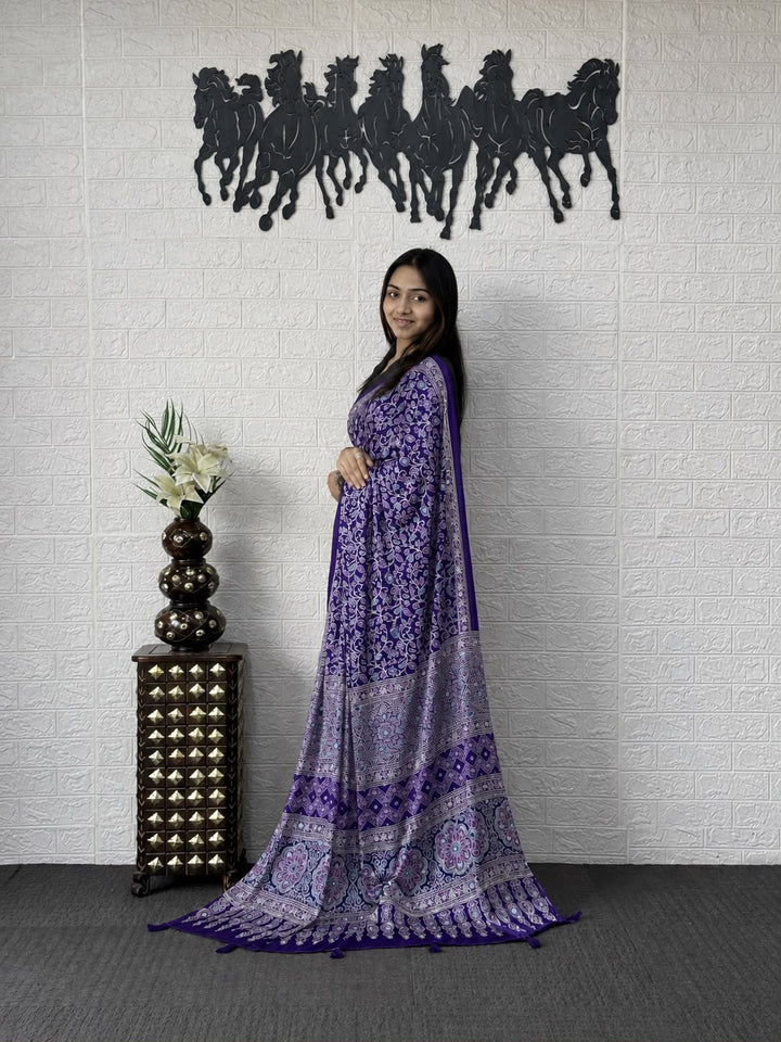 Royal Navy Blue Kalamkari Printed Silk Saree