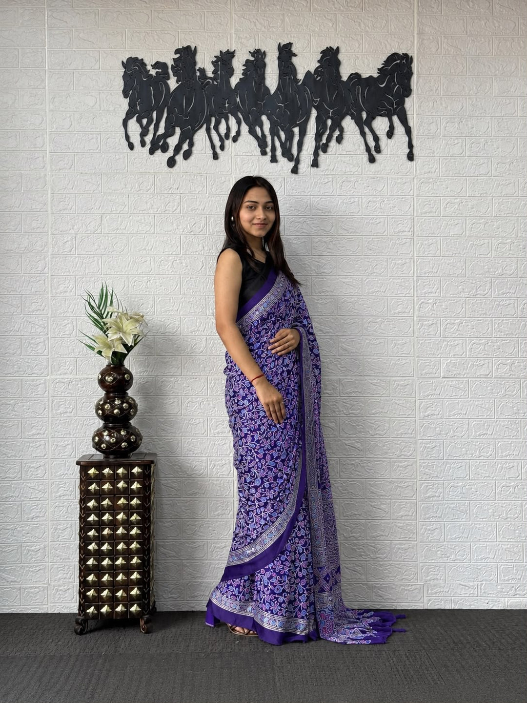 Royal Navy Blue Kalamkari Printed Silk Saree