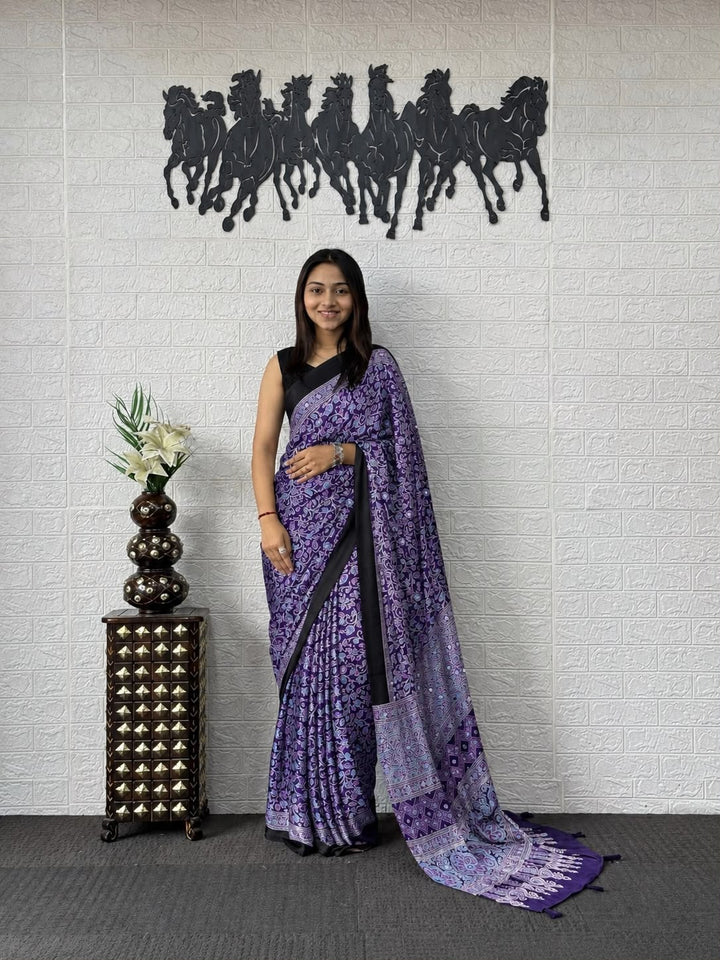 Royal Navy Blue Kalamkari Printed Silk Saree