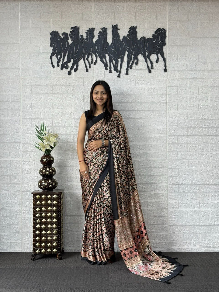 Beige Gold Kalamkari Printed Silk Saree