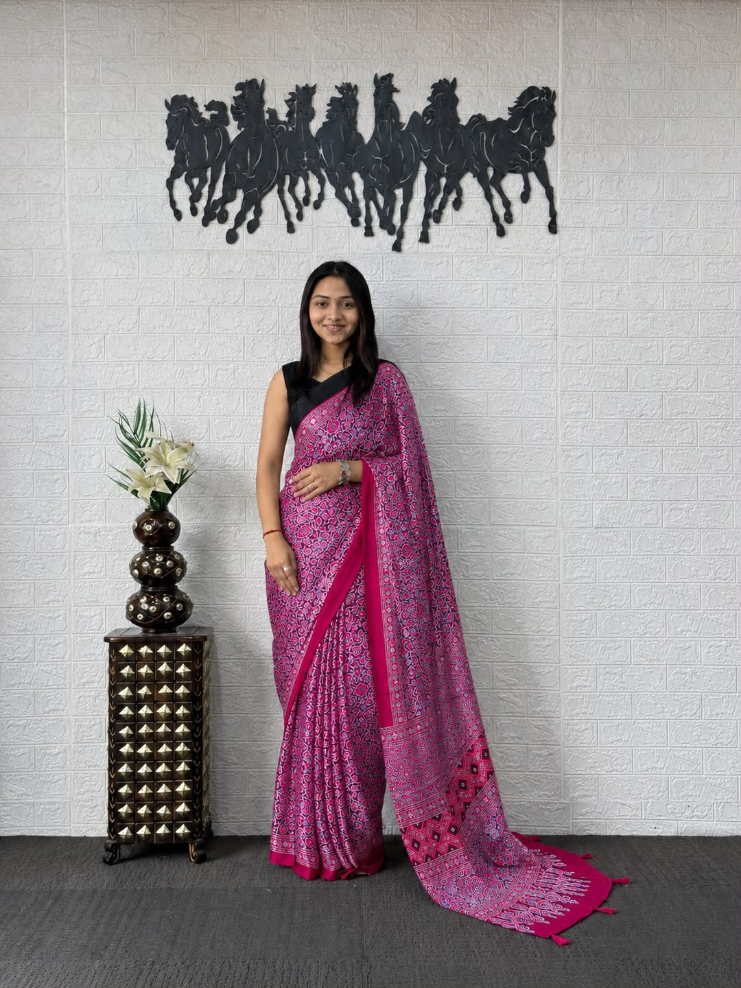 Rani Magenta Pink Kalamkari Printed Silk Saree