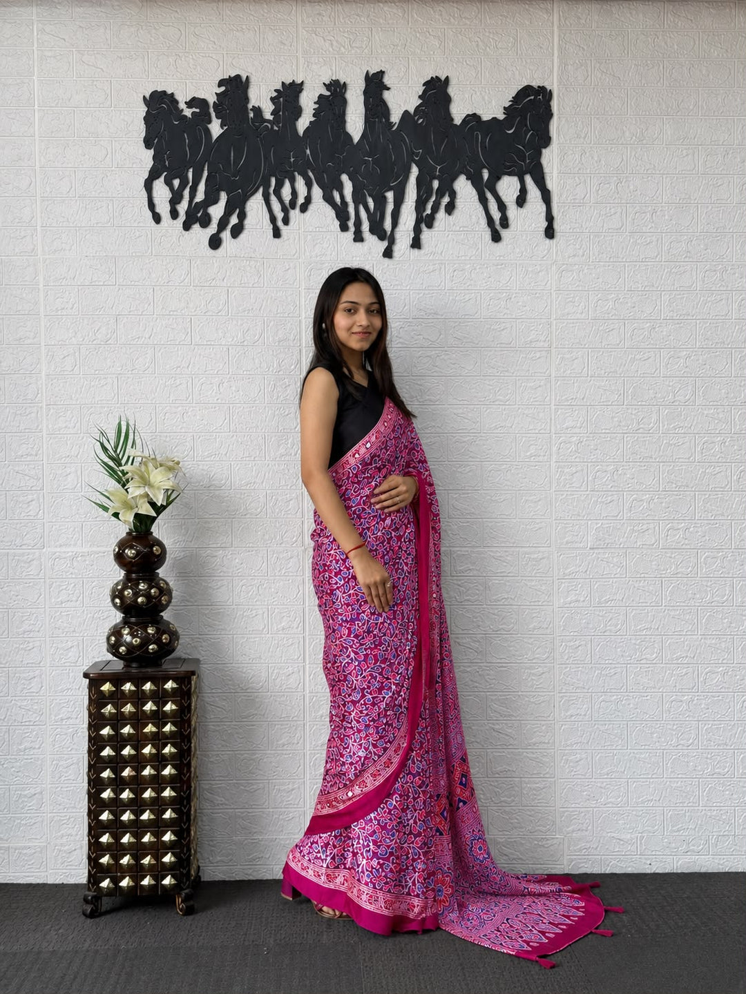 Rani Magenta Pink Kalamkari Printed Silk Saree