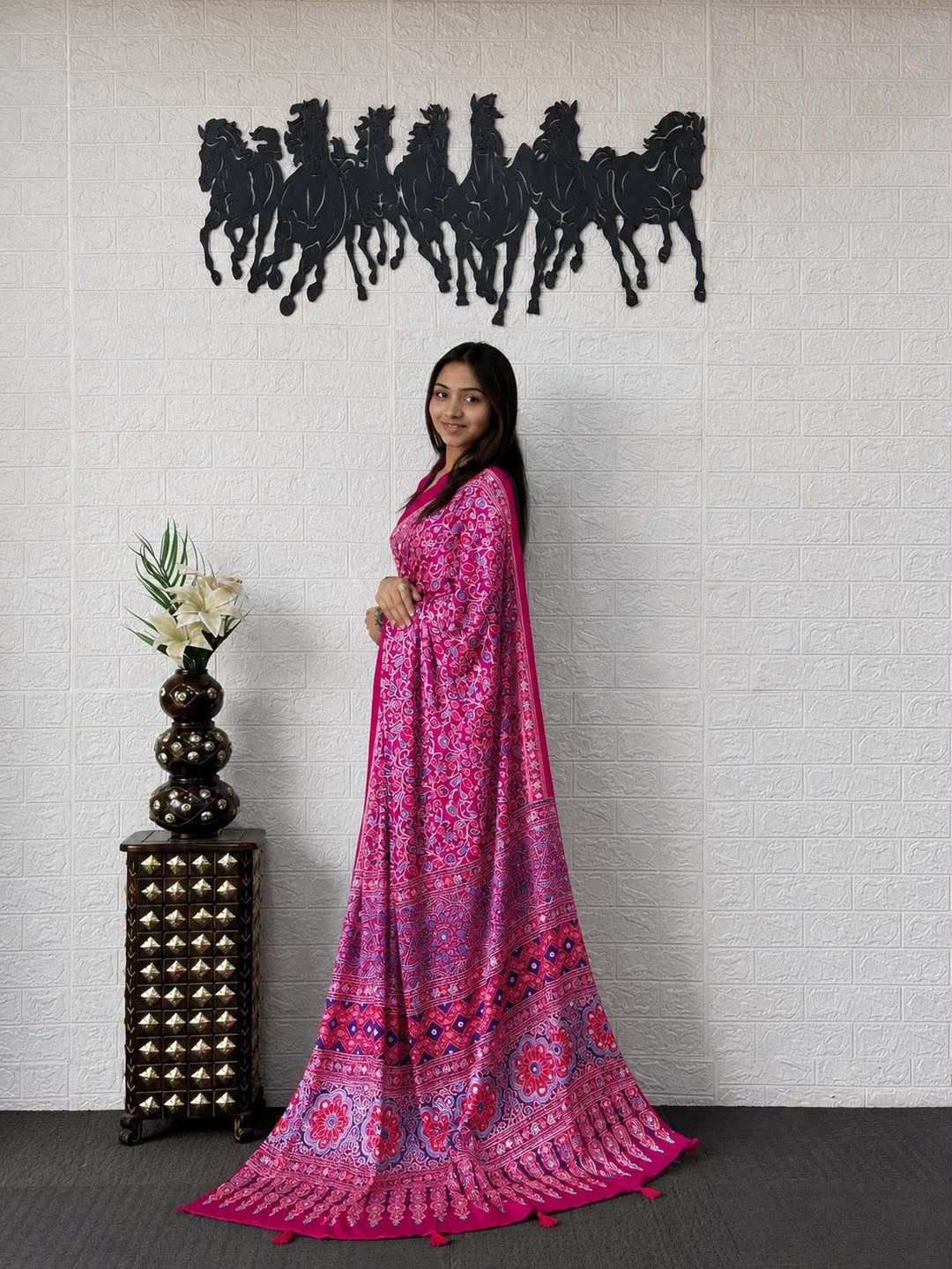 Rani Magenta Pink Kalamkari Printed Silk Saree