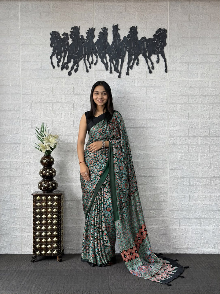 Peacock Green Kalamkari Printed Silk Saree