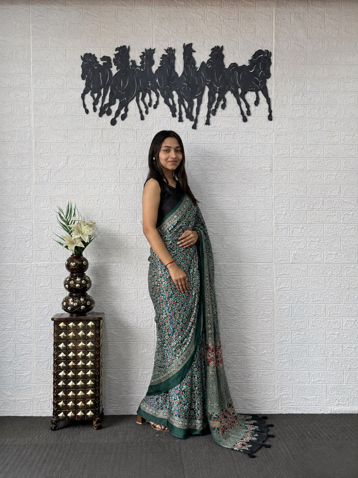 Peacock Green Kalamkari Printed Silk Saree