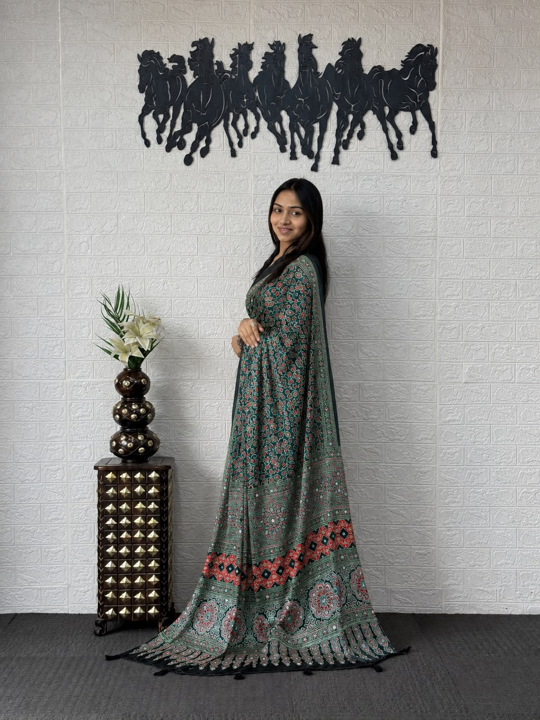 Peacock Green Kalamkari Printed Silk Saree