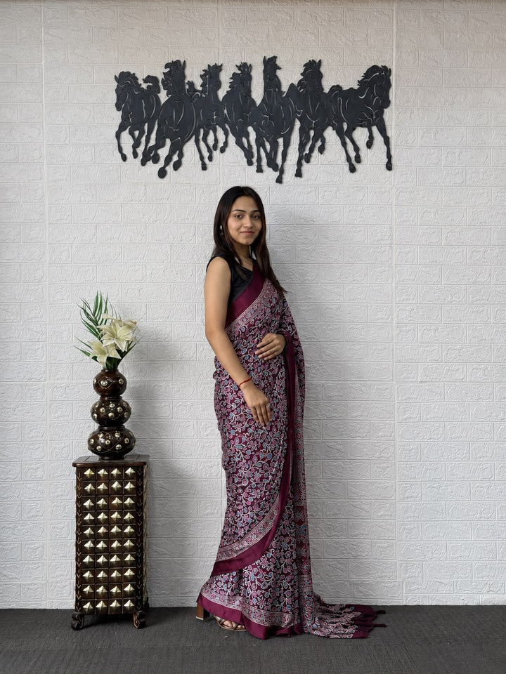 Deep Purple Kalamkari Printed Silk Saree