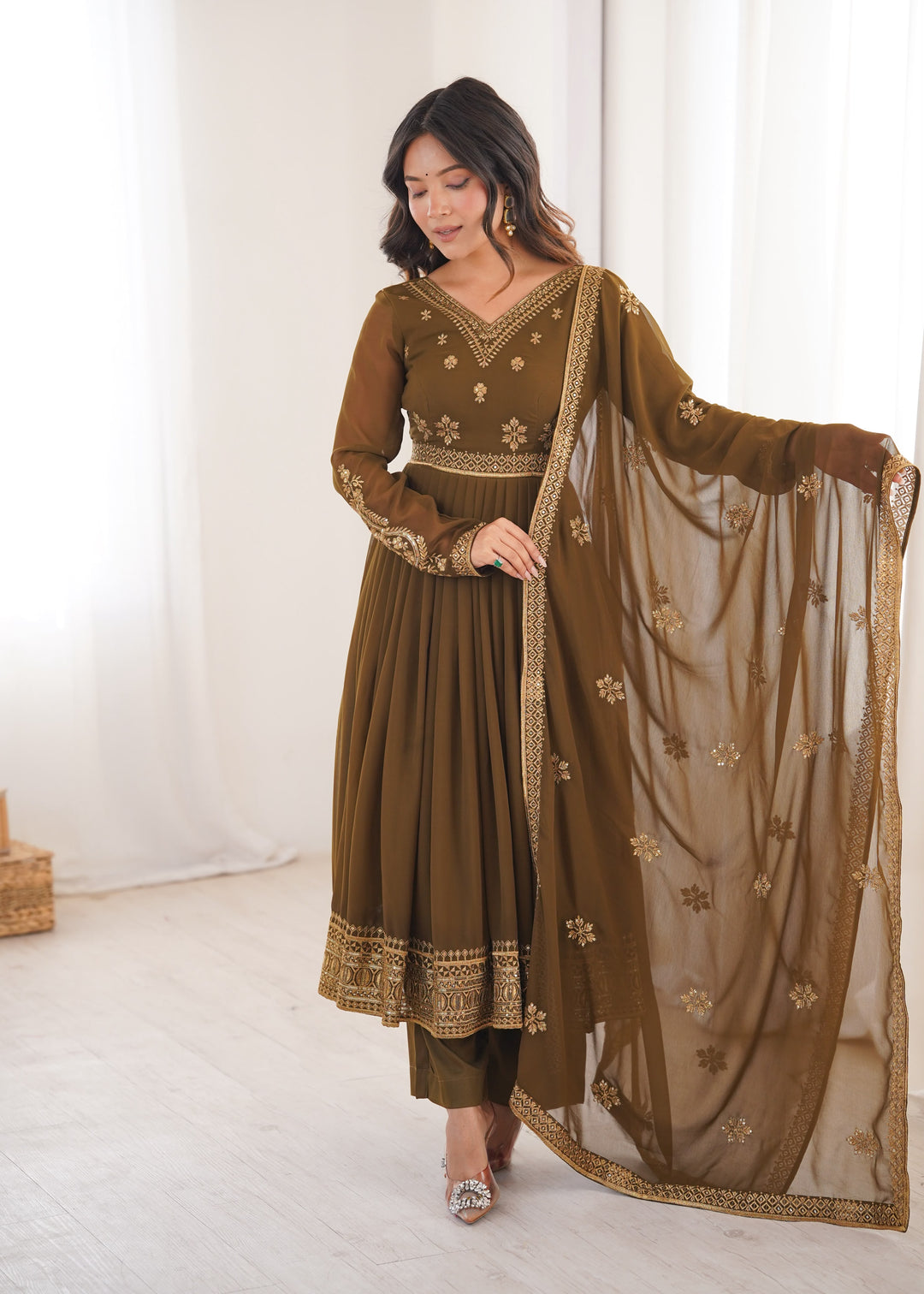 Olive Brown Embroidered Faux Georgette Anarkali Suit
