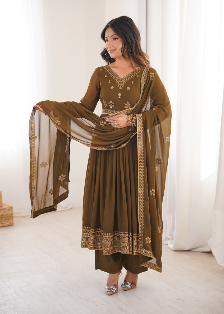 Olive Brown Embroidered Faux Georgette Anarkali Suit