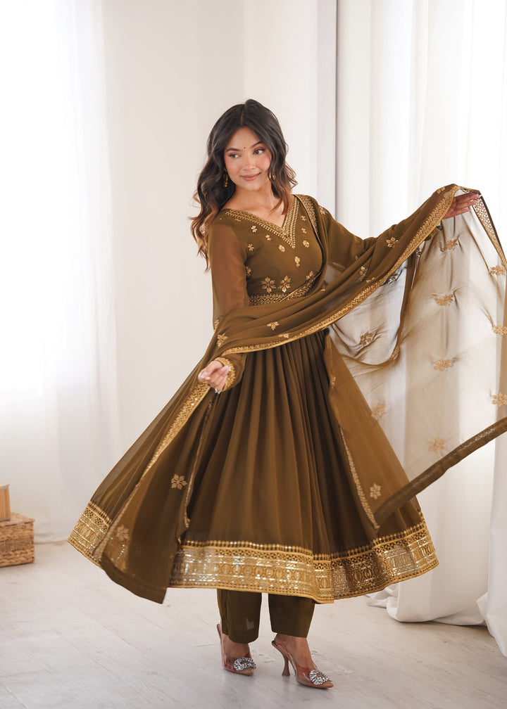 Olive Brown Embroidered Faux Georgette Anarkali Suit