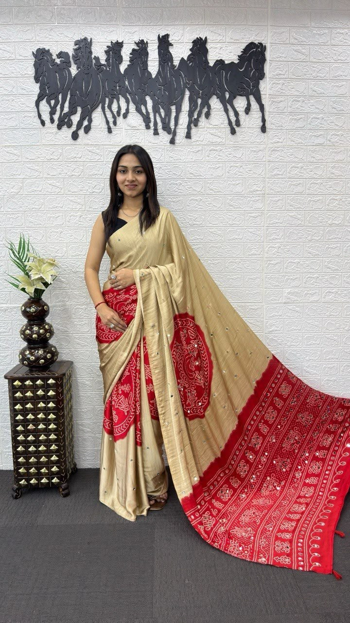 Beige Gold And Red Dual-Tone Bandhani Print Silk Saree