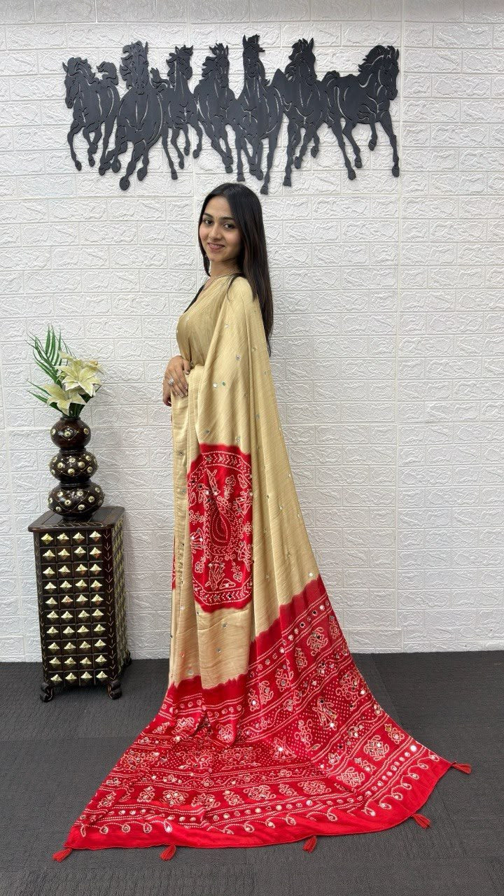 Beige Gold And Red Dual-Tone Bandhani Print Silk Saree