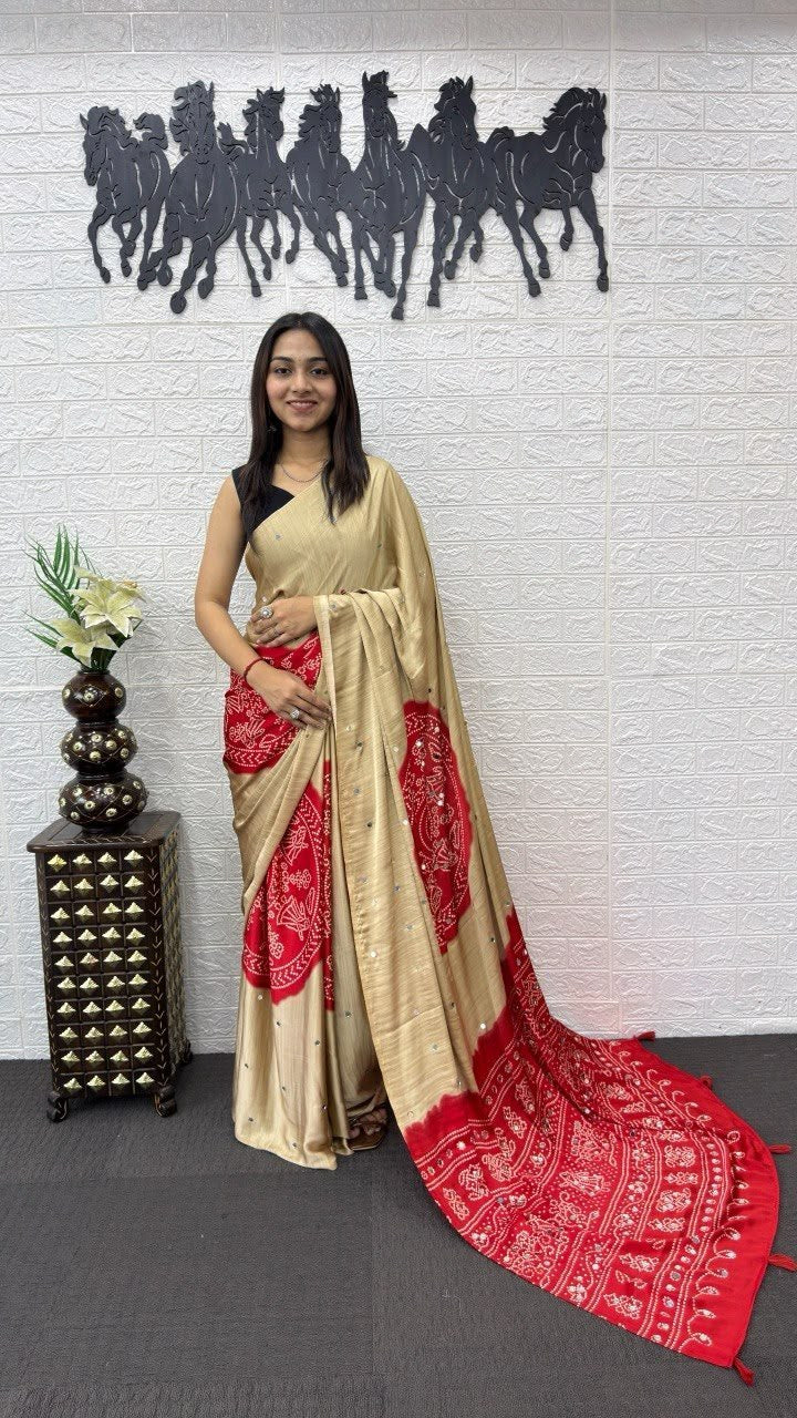 Beige Gold And Red Dual-Tone Bandhani Print Silk Saree
