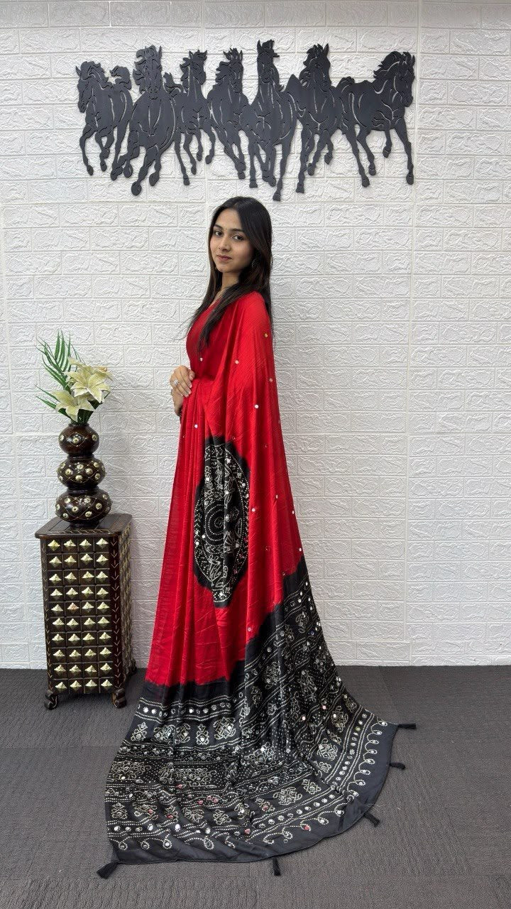 Crimson Red And Black Dual-Tone Bandhani Print Silk Saree