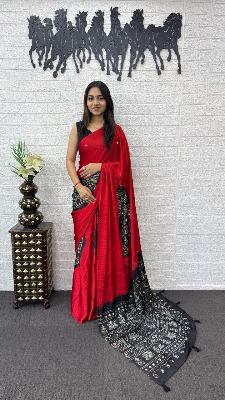 Crimson Red And Black Dual-Tone Bandhani Print Silk Saree
