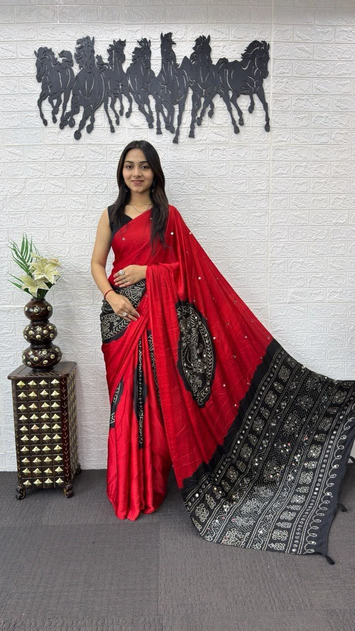 Crimson Red And Black Dual-Tone Bandhani Print Silk Saree