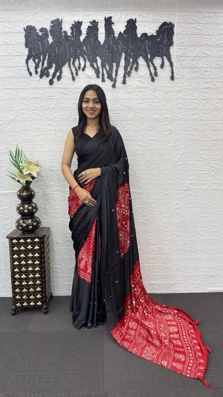 Jet Black And Red Dual-Tone Bandhani Print Silk Saree