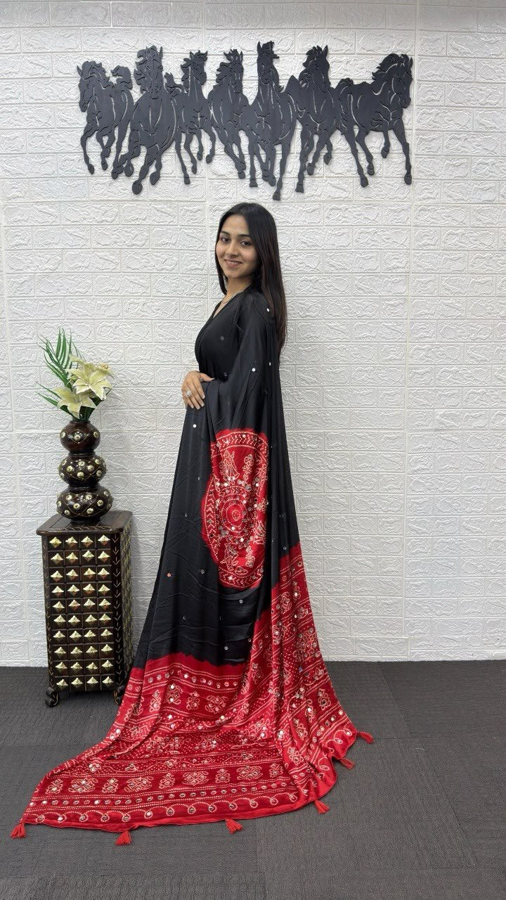 Jet Black And Red Dual-Tone Bandhani Print Silk Saree