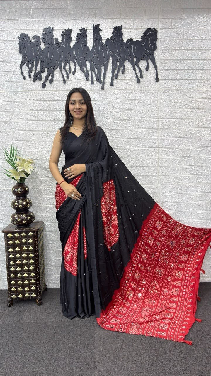 Jet Black And Red Dual-Tone Bandhani Print Silk Saree
