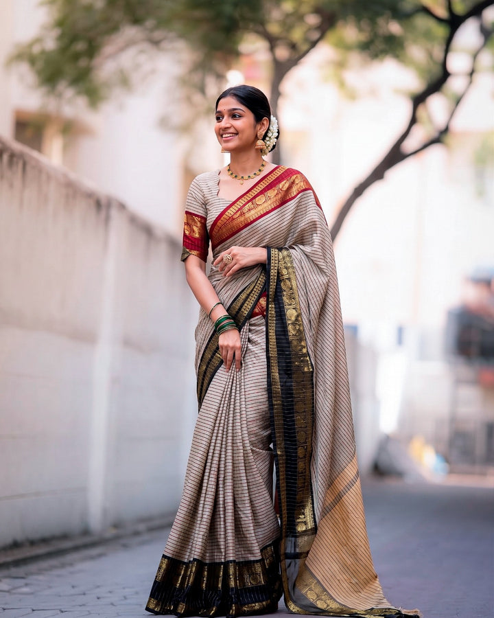 Beige And Black Striped Art Silk Saree